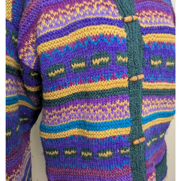 Vtg Lost horizons hand woven wool unisex button up sweater sz L colorful striped - Picture 2 of 5